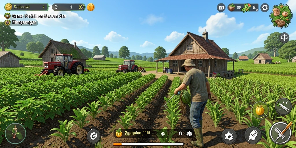 Screenshot gameplay 116X menampilkan lahan pertanian yang asri dan interaksi hewan.