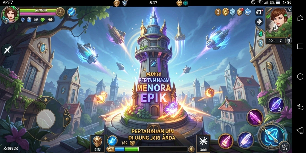Tangkapan layar gameplay API77 yang menunjukkan pertahanan menara yang sedang bertempur.