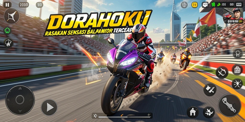 Gameplay seru DORAHOKI dengan balapan motor yang intens.