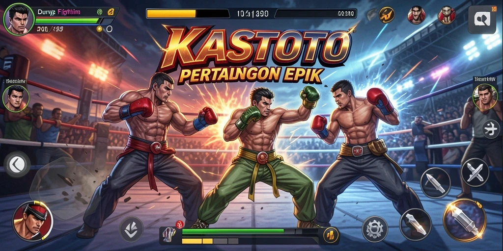 Screenshot KASTOTO menampilkan aksi seru pertarungan antara karakter.