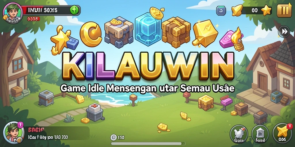 Screenshot gameplay KILAUWIN menampilkan kemajuan yang otomatis dan karakter yang ceria.