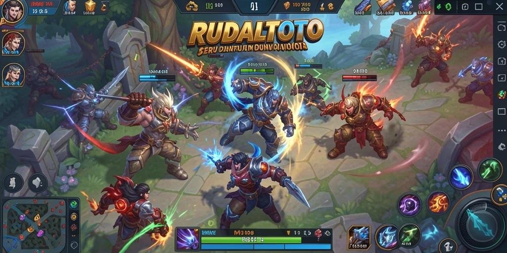 Screenshot RUDALTOTO menampilkan aksi gameplay dinamis dalam pertarungan MOBA.