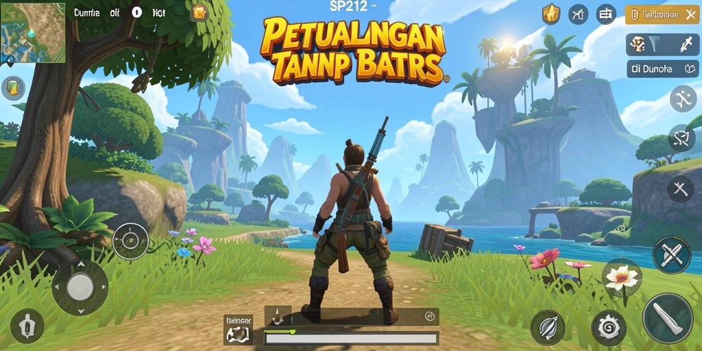 Screenshot menampilkan karakter yang menjelajahi dunia terbuka yang indah.