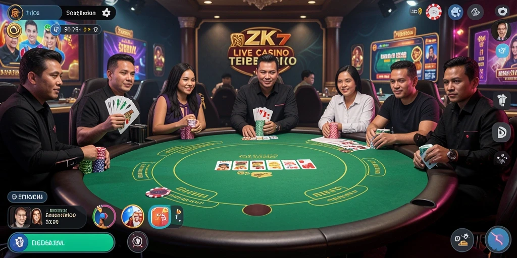 Screenshot gameplay ZK7 yang menunjukkan dealer profesional dan suasana Live Casino.